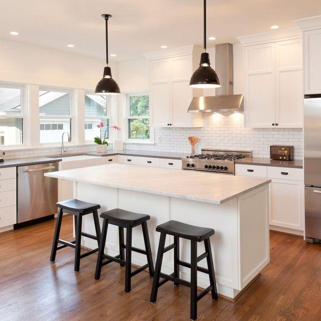 Modern kitchen with white cabinets and modern lighting over island